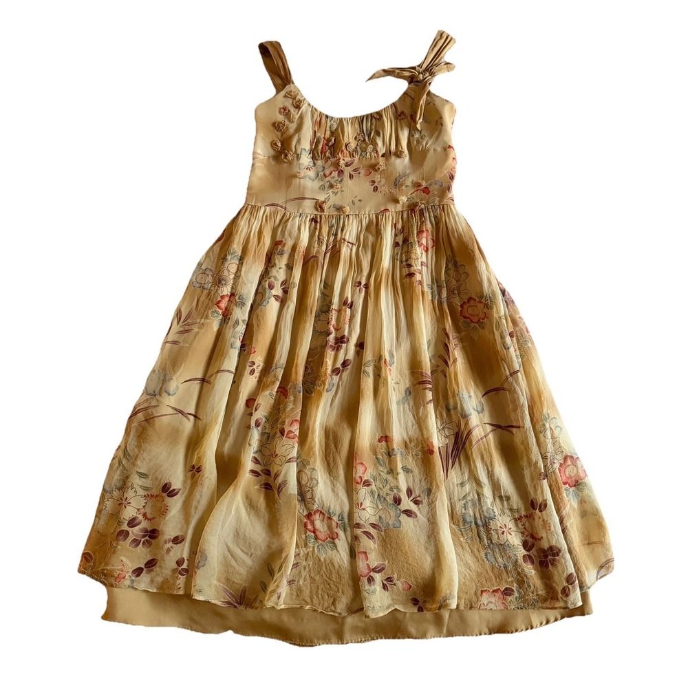 David Meister Y2K Babydoll Silk Chiffon Gold Floral Dress 3D Rosettes Romantic 8